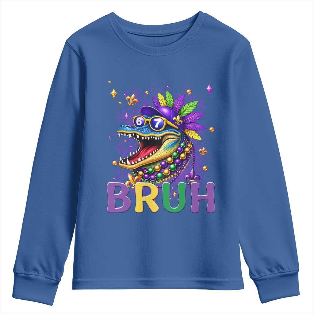 67 Mardi Gras Youth Sweatshirt Funny Alligator Six Seven Bruh Meme TS14 Royal Blue Print Your Wear