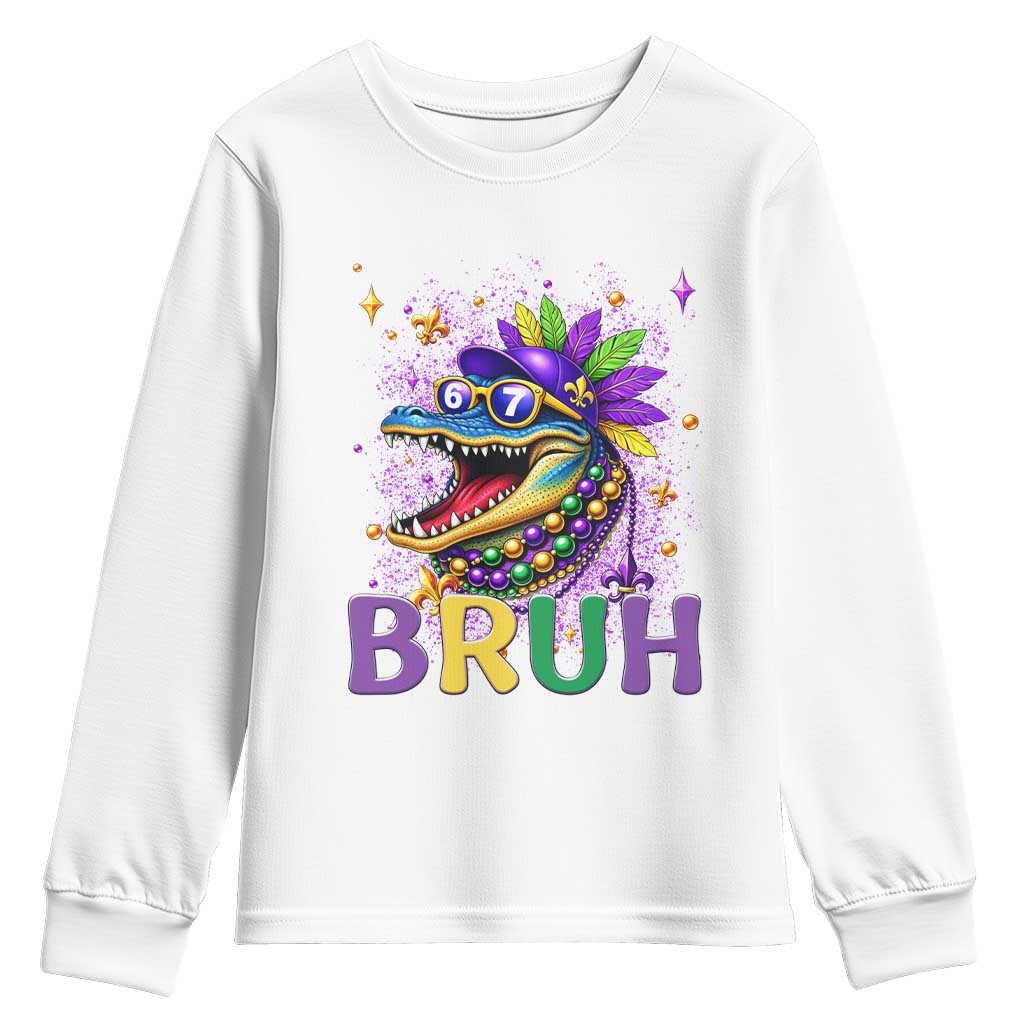 67 Mardi Gras Youth Sweatshirt Funny Alligator Six Seven Bruh Meme TS14 White Print Your Wear