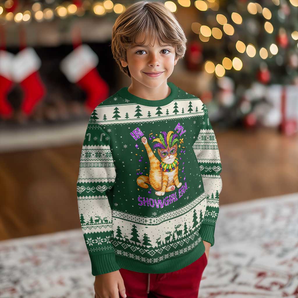 Mardi Gras Cat Ugly Christmas Sweater In My Showgirl Era TS14 Forest Green Beige Print Your Wear