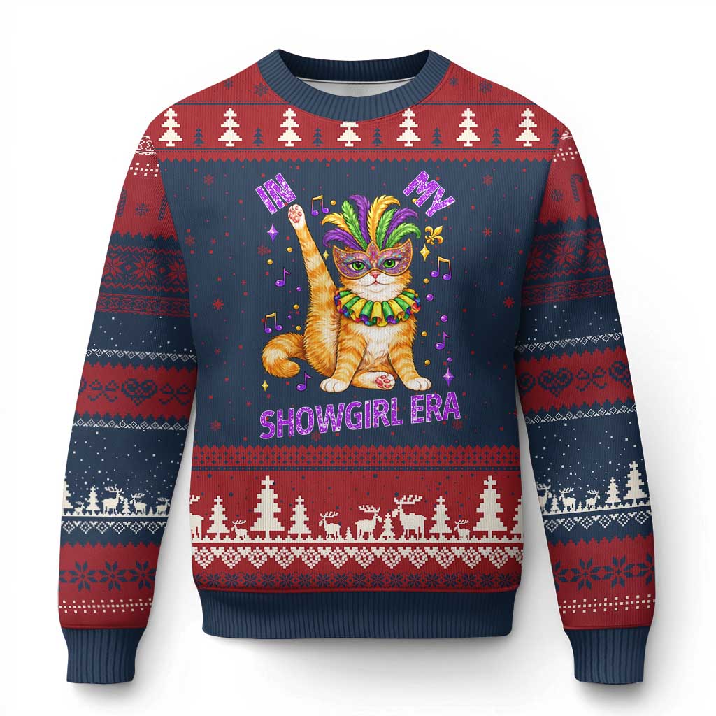Mardi Gras Cat Ugly Christmas Sweater In My Showgirl Era TS14 Navy Red Print Your Wear