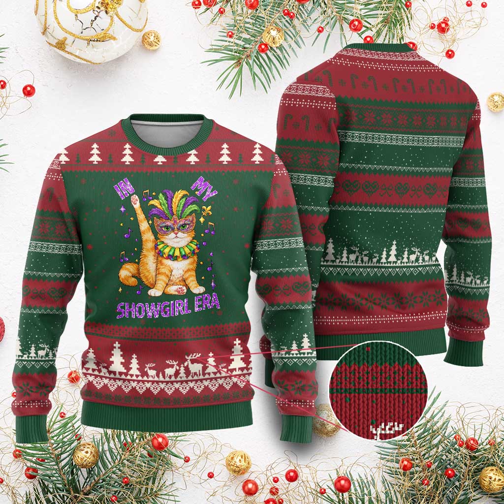 Mardi Gras Cat Ugly Christmas Sweater In My Showgirl Era TS14 Red Green Print Your Wear