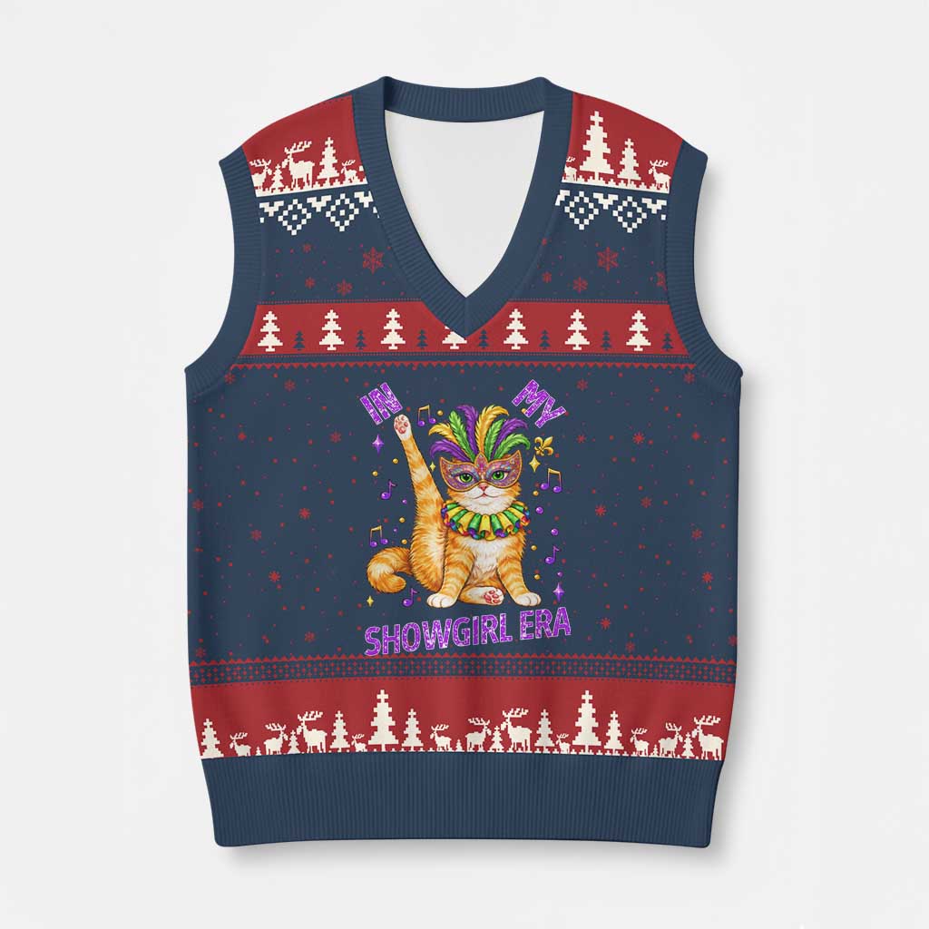 Mardi Gras Cat V-Neck Knit Sweater Vest In My Showgirl Era TS14 Navy Red Print Your Wear