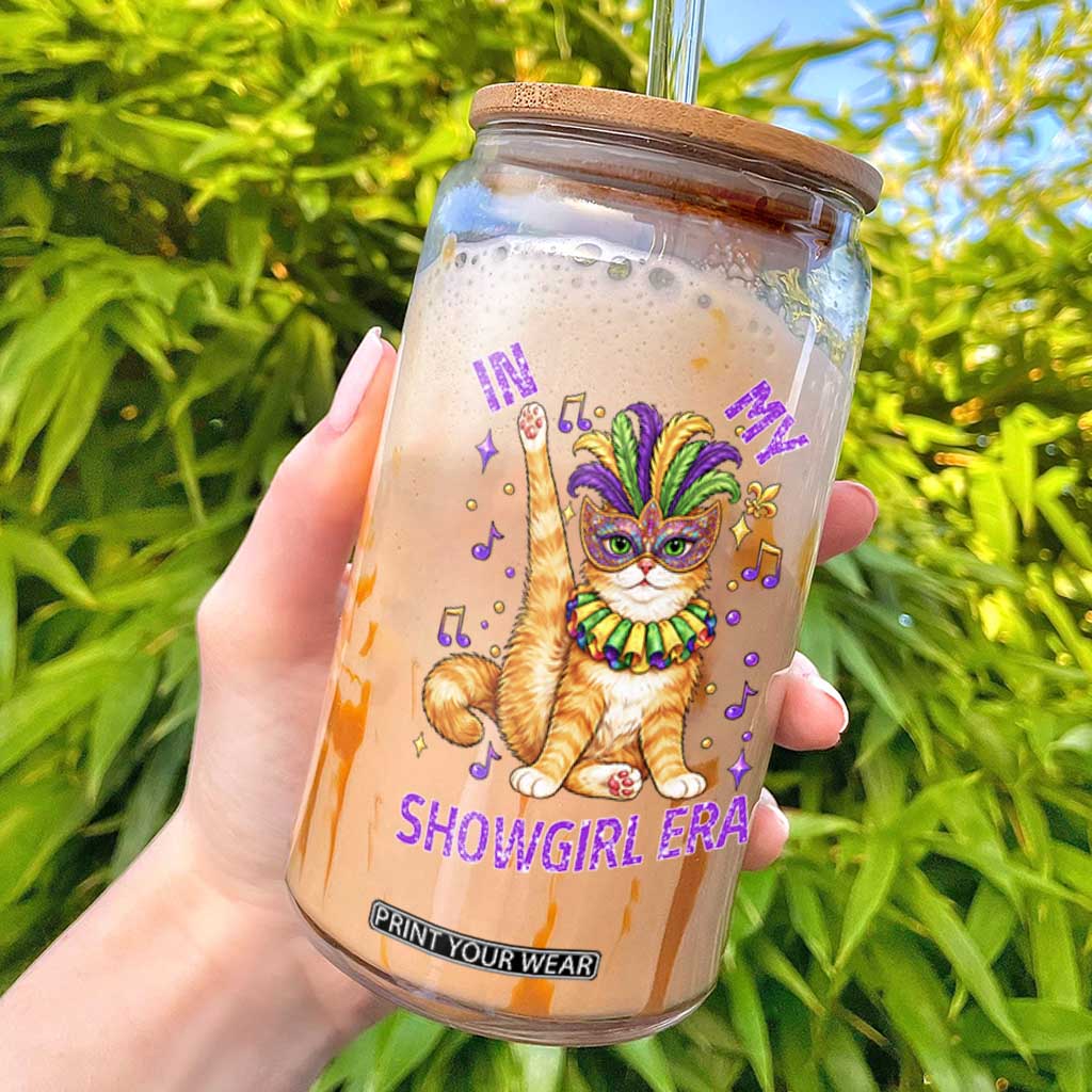 Mardi Gras Cat Glass Can In My Showgirl Era TS14 Black Print Your Wear