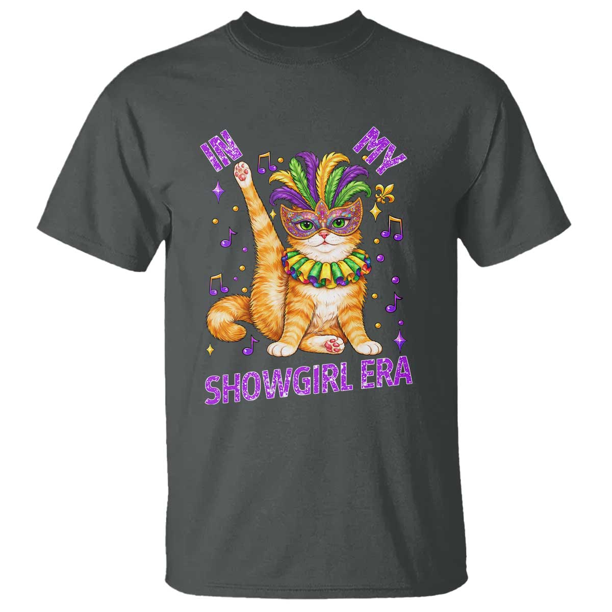 Mardi Gras Cat T Shirt In My Showgirl Era TS14 Dark Heather Print Your Wear