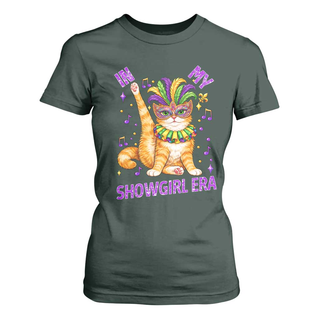 Mardi Gras Cat T Shirt For Women In My Showgirl Era TS14 Dark Forest Green Print Your Wear
