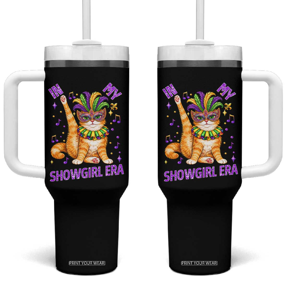 Mardi Gras Cat Tumbler With Handle In My Showgirl Era TS14 One Size: 40 oz Black Print Your Wear