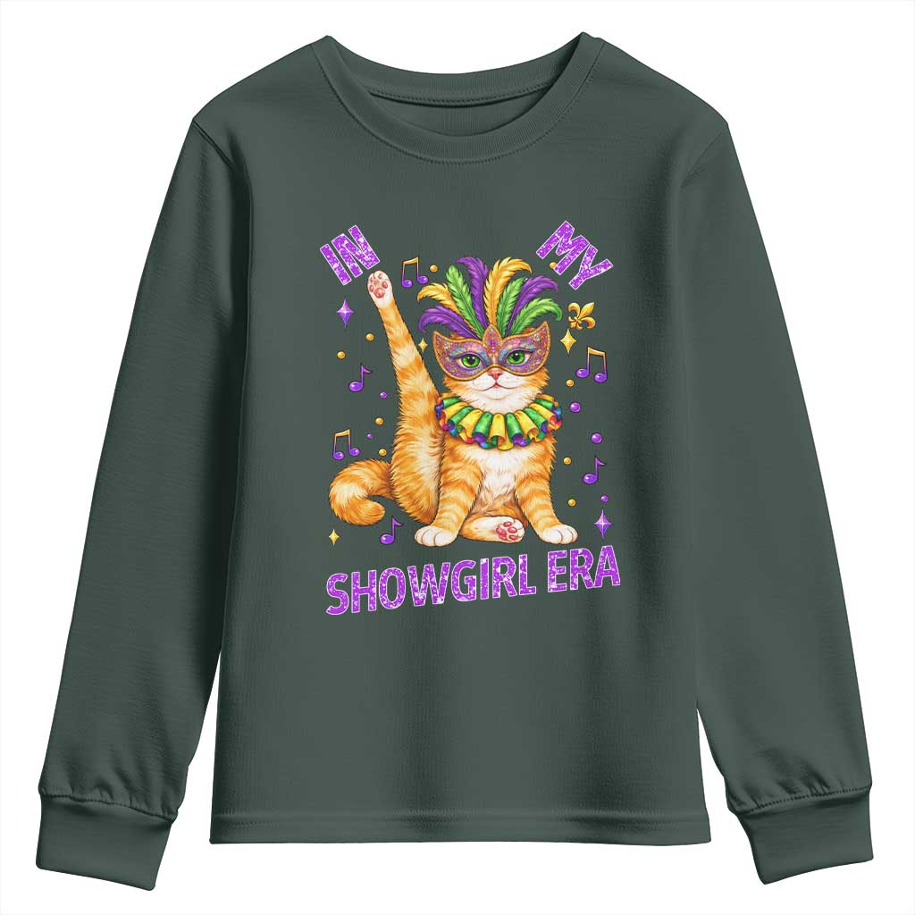 Mardi Gras Cat Youth Sweatshirt In My Showgirl Era TS14 Dark Forest Green Print Your Wear