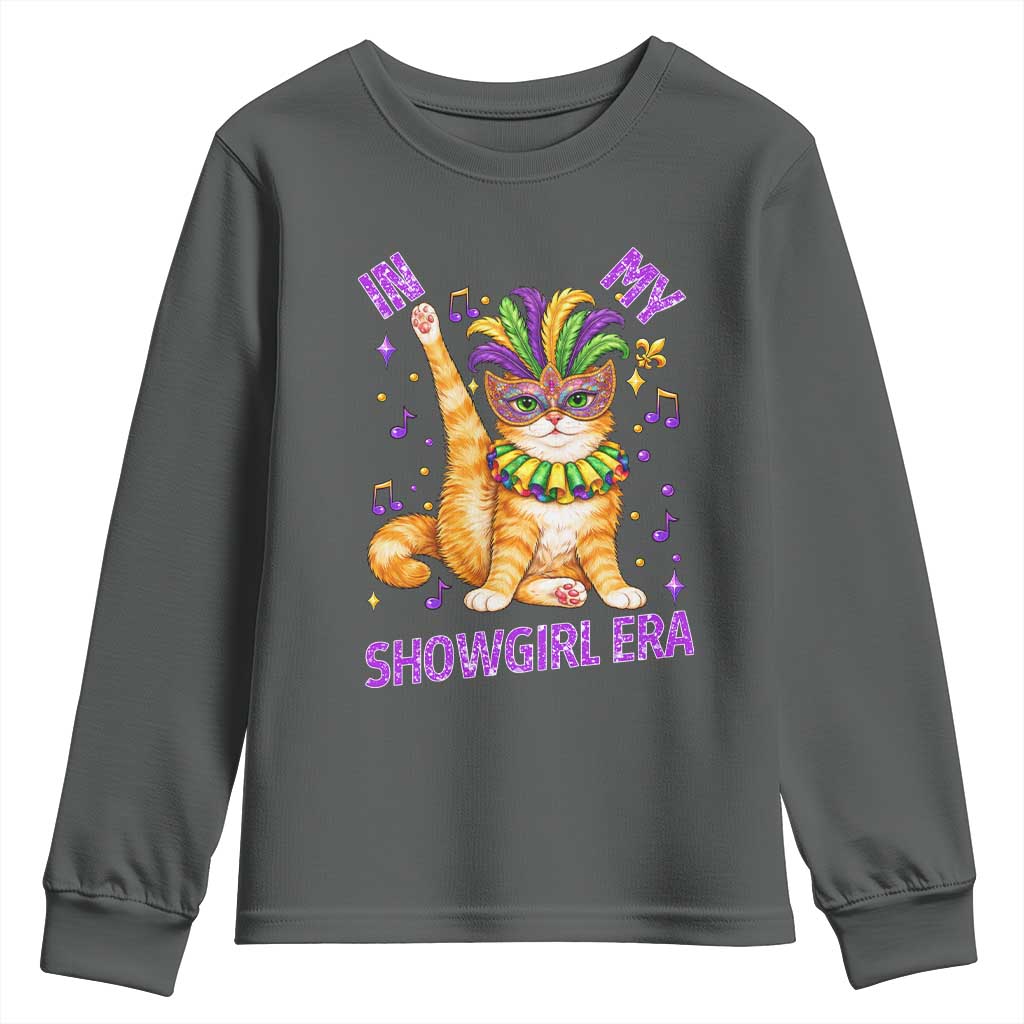 Mardi Gras Cat Youth Sweatshirt In My Showgirl Era TS14 Dark Heather Print Your Wear