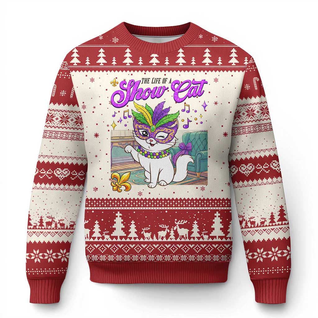Cute Mardi Gras Cat Ugly Christmas Sweater The Life Of The Showcat TS14 Beige Red Print Your Wear