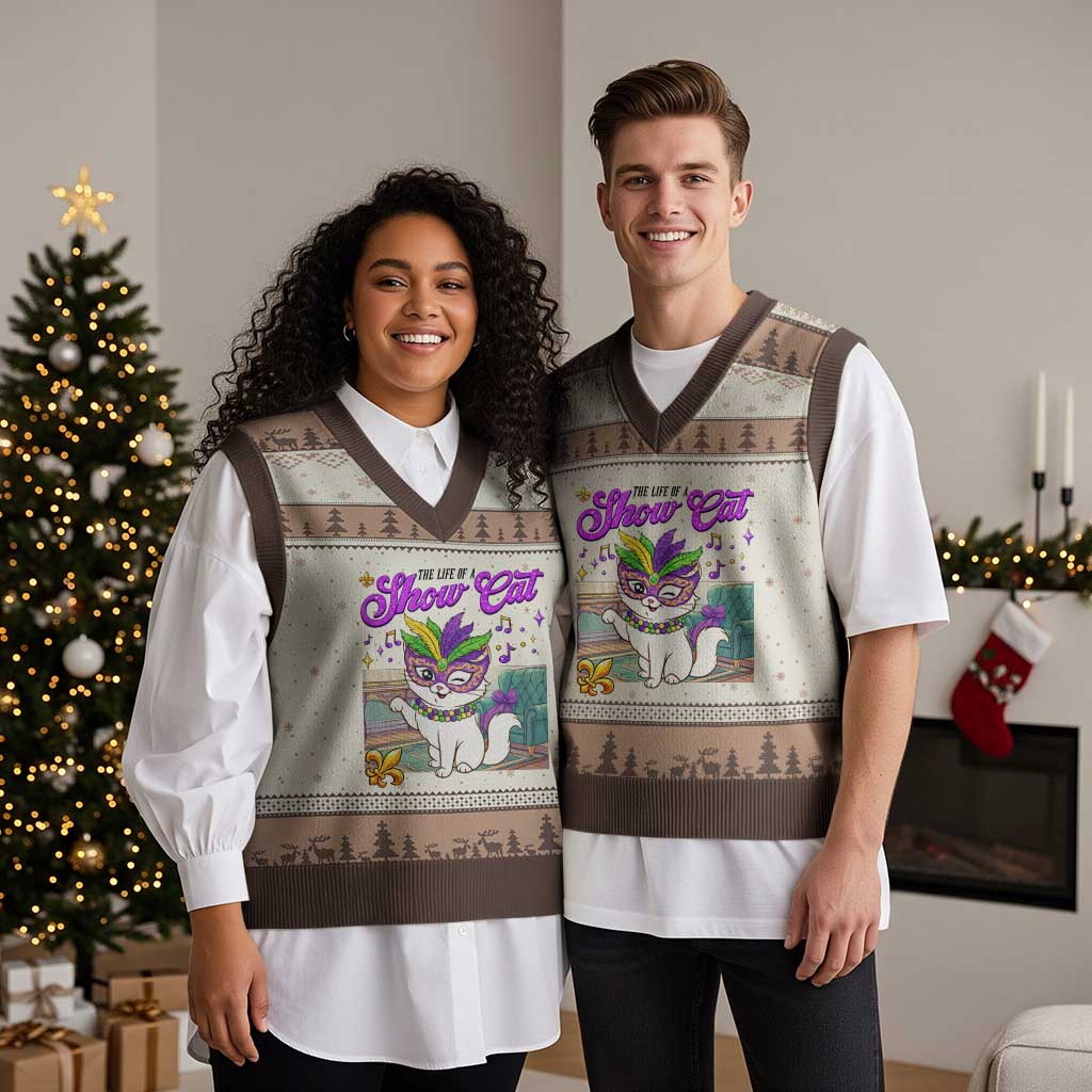 Cute Mardi Gras Cat V-Neck Knit Sweater Vest The Life Of The Showcat TS14 Mocha Mousse Print Your Wear