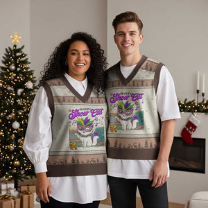 Cute Mardi Gras Cat V-Neck Knit Sweater Vest The Life Of The Showcat TS14 Mocha Mousse Print Your Wear