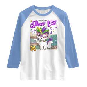 Cute Mardi Gras Cat Raglan Shirt The Life Of The Showcat TS14 White Carolina Blue Print Your Wear