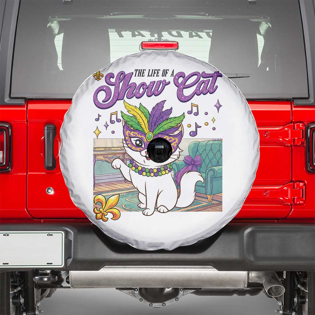 Cute Mardi Gras Cat Spare Tire Cover The Life Of The Showcat TS14 White Print Your Wear