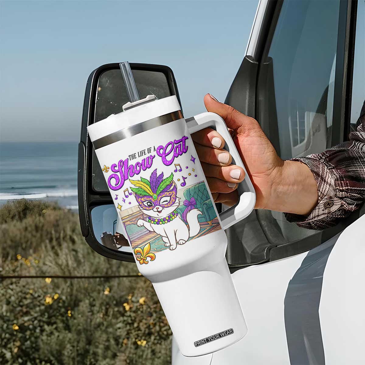 Cute Mardi Gras Cat Tumbler With Handle The Life Of The Showcat TS14 Print Your Wear