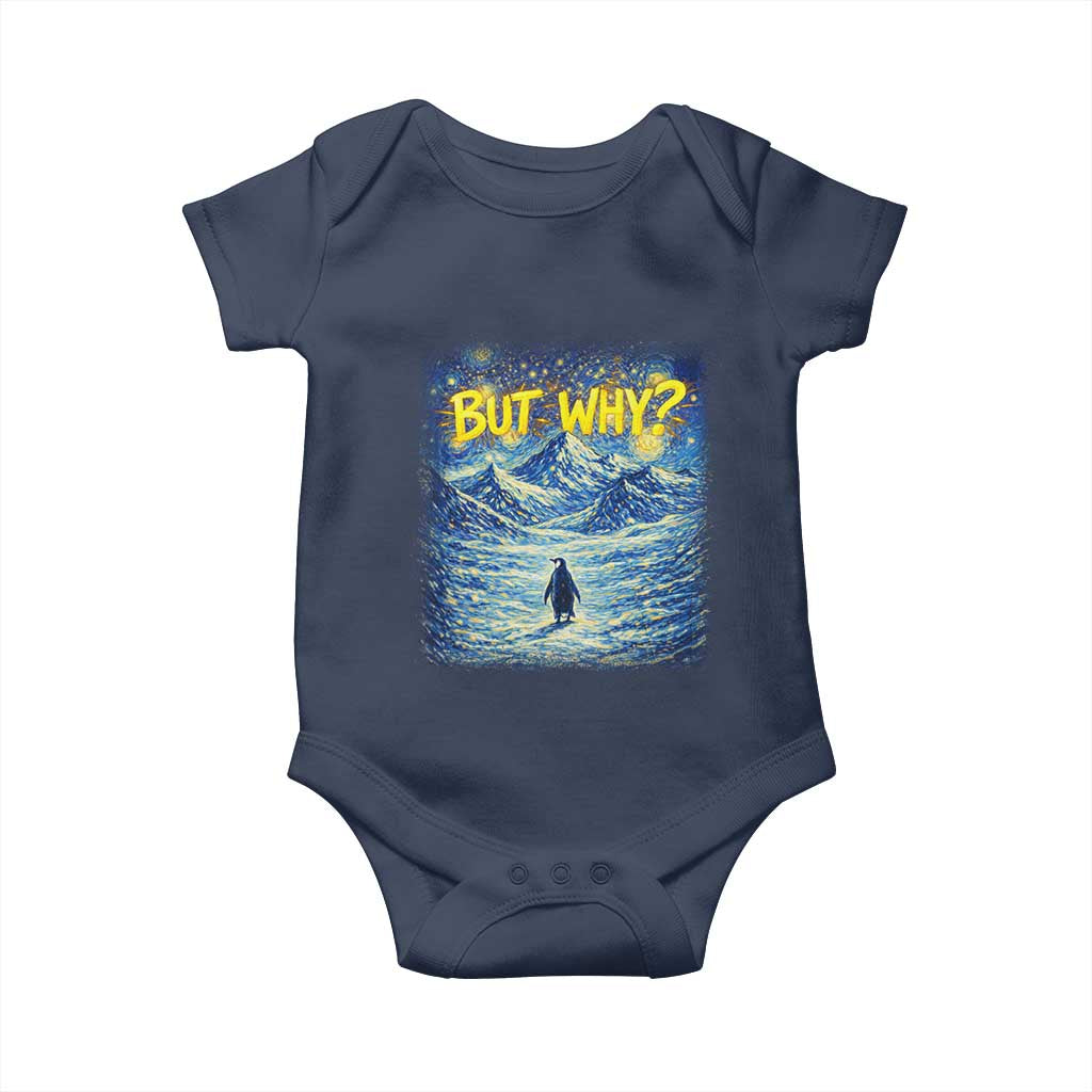 But Why Penguin Baby Onesie Starry Night Van Gogh Nihilist Penguin Hiking TS14 Navy Print Your Wear