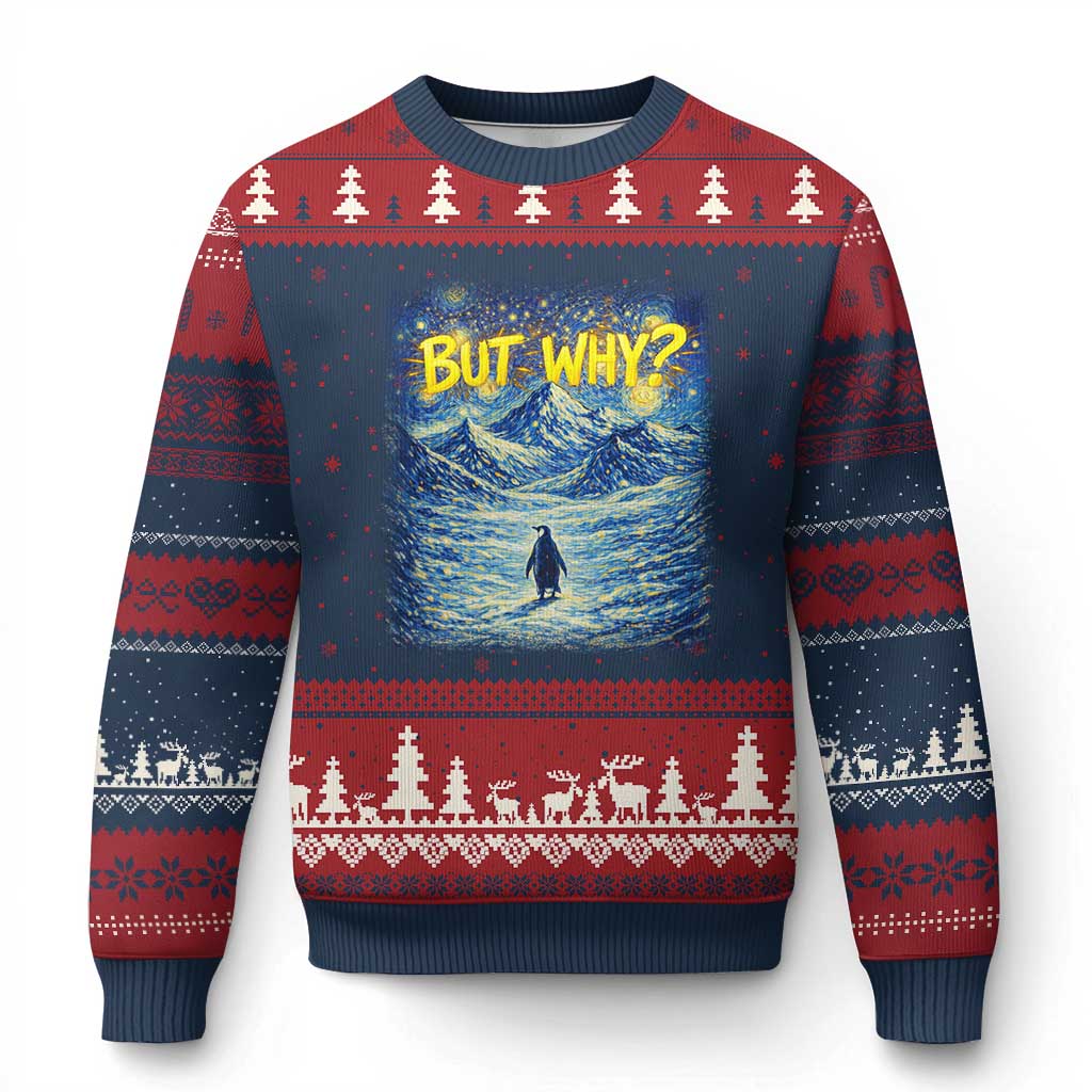 But Why Penguin Ugly Christmas Sweater Starry Night Van Gogh Nihilist Penguin Hiking TS14 Navy Red Print Your Wear