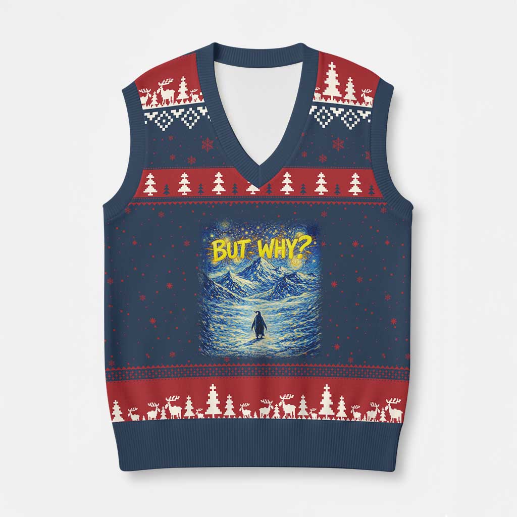 But Why Penguin V-Neck Knit Sweater Vest Starry Night Van Gogh Nihilist Penguin Hiking TS14 Navy Red Print Your Wear