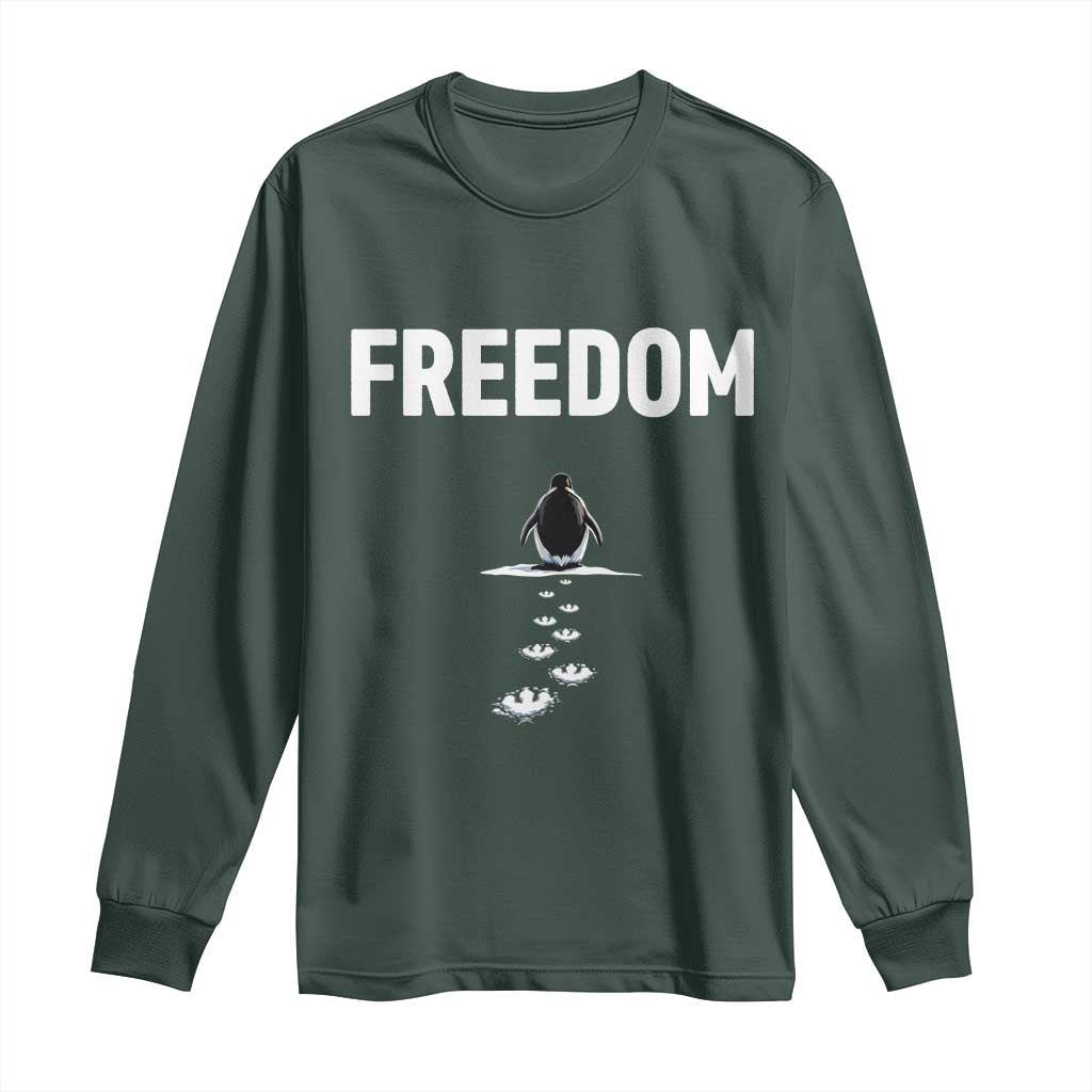 Penguin Freedom Long Sleeve Shirt Funny Nihilist Penguin Hiking Mountains TS14 Dark Forest Green Print Your Wear