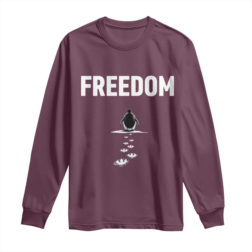 Penguin Freedom Long Sleeve Shirt Funny Nihilist Penguin Hiking Mountains TS14 Maroon Print Your Wear