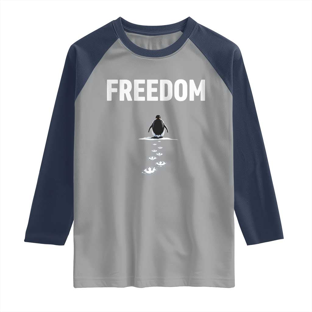Penguin Freedom Raglan Shirt Funny Nihilist Penguin Hiking Mountains TS14 Sport Gray Navy Print Your Wear