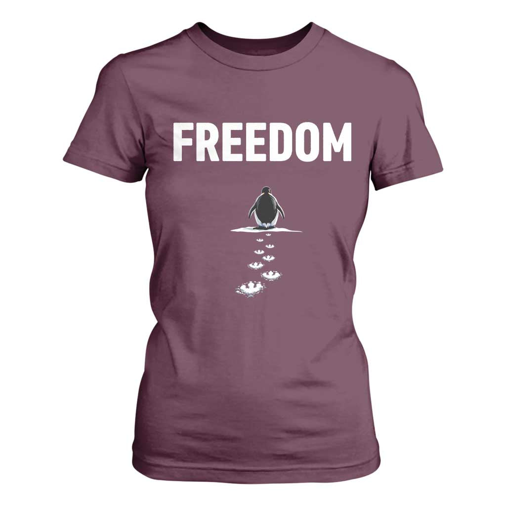 Penguin Freedom T Shirt For Women Funny Nihilist Penguin Hiking Mountains TS14 Maroon Print Your Wear