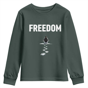 Penguin Freedom Youth Sweatshirt Funny Nihilist Penguin Hiking Mountains TS14 Dark Forest Green Print Your Wear
