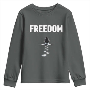 Penguin Freedom Youth Sweatshirt Funny Nihilist Penguin Hiking Mountains TS14 Dark Heather Print Your Wear