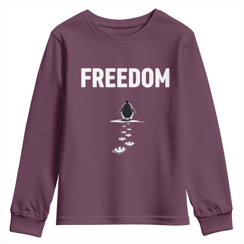 Penguin Freedom Youth Sweatshirt Funny Nihilist Penguin Hiking Mountains TS14 Maroon Print Your Wear