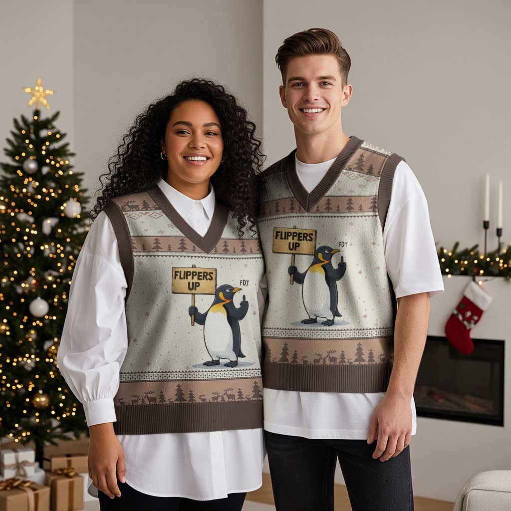 Penguins Resist V-Neck Knit Sweater Vest Flippers Up Protest TS14 Mocha Mousse Print Your Wear