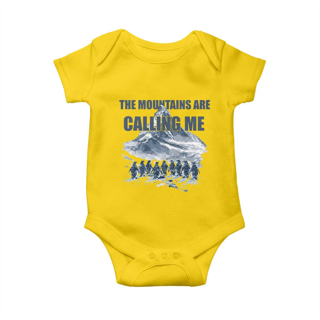 Funny Nihilist Penguin Hiking Baby Onesie The Mountains Are Calling Me TS14 Daisy Print Your Wear
