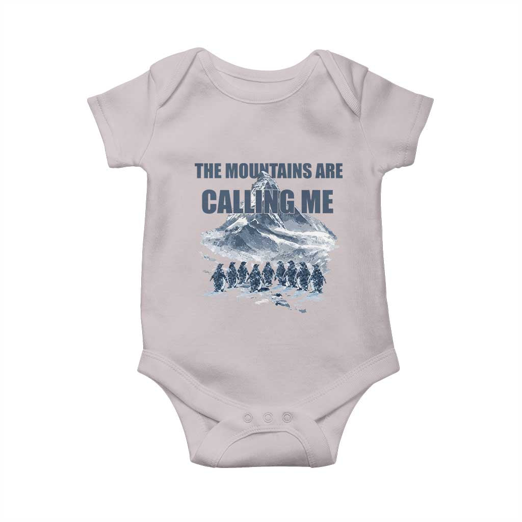 Funny Nihilist Penguin Hiking Baby Onesie The Mountains Are Calling Me TS14 Ice Gray Print Your Wear