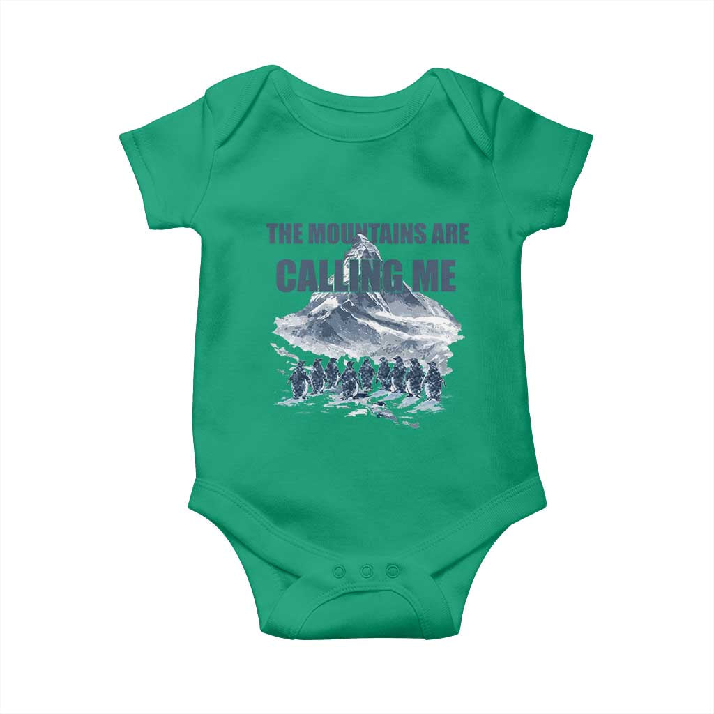 Funny Nihilist Penguin Hiking Baby Onesie The Mountains Are Calling Me TS14 Irish Green Print Your Wear