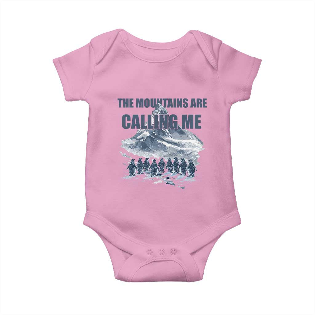 Funny Nihilist Penguin Hiking Baby Onesie The Mountains Are Calling Me TS14 Light Pink Print Your Wear