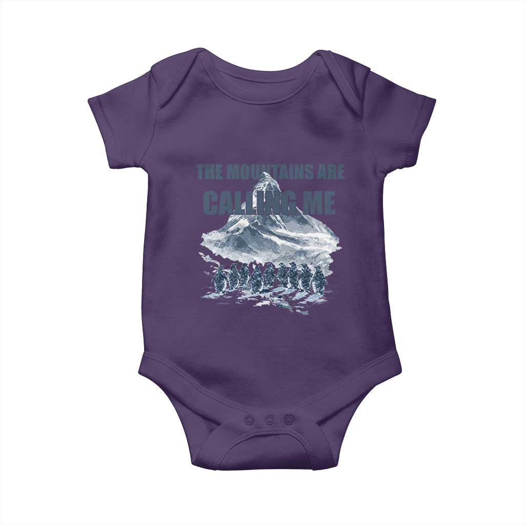 Funny Nihilist Penguin Hiking Baby Onesie The Mountains Are Calling Me TS14 Purple Print Your Wear
