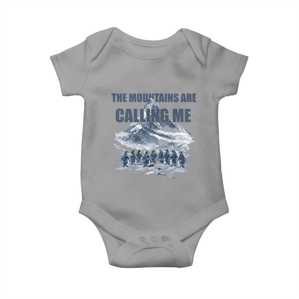 Funny Nihilist Penguin Hiking Baby Onesie The Mountains Are Calling Me TS14 Sport Gray Print Your Wear