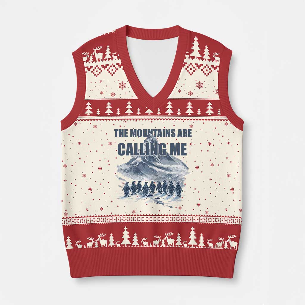 Funny Nihilist Penguin Hiking V-Neck Knit Sweater Vest The Mountains Are Calling Me TS14 Beige Red Print Your Wear