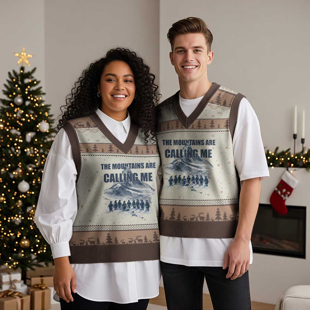 Funny Nihilist Penguin Hiking V-Neck Knit Sweater Vest The Mountains Are Calling Me TS14 Mocha Mousse Print Your Wear