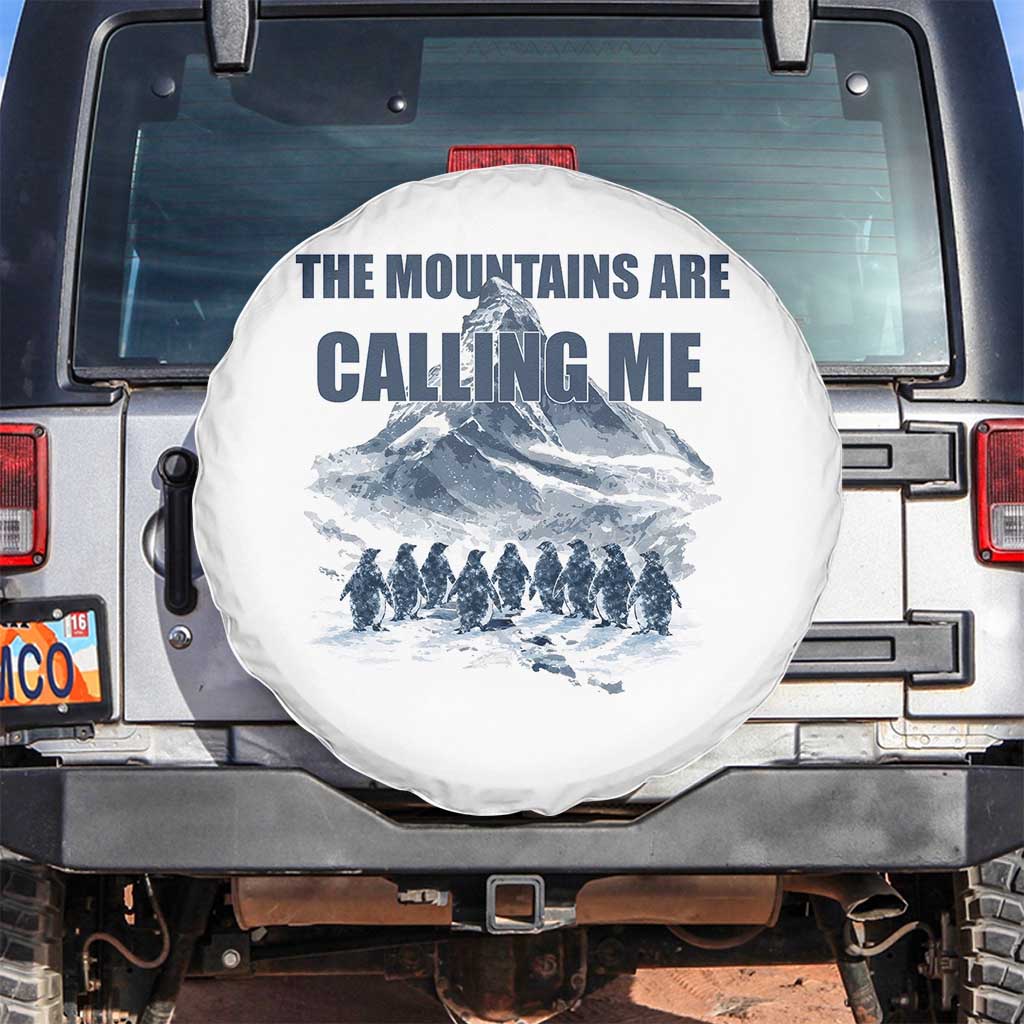 Funny Nihilist Penguin Hiking Spare Tire Cover The Mountains Are Calling Me TS14 No hole White Print Your Wear