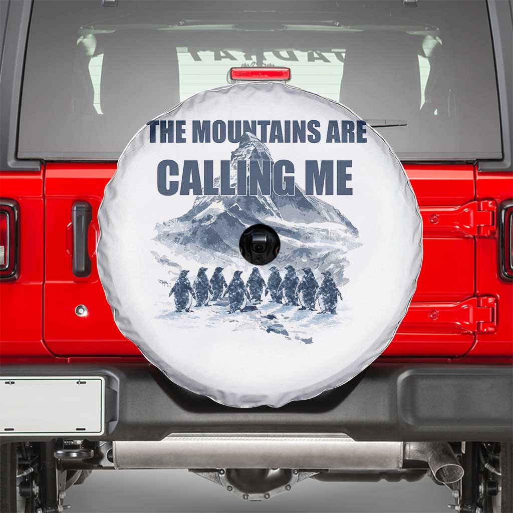 Funny Nihilist Penguin Hiking Spare Tire Cover The Mountains Are Calling Me TS14 White Print Your Wear