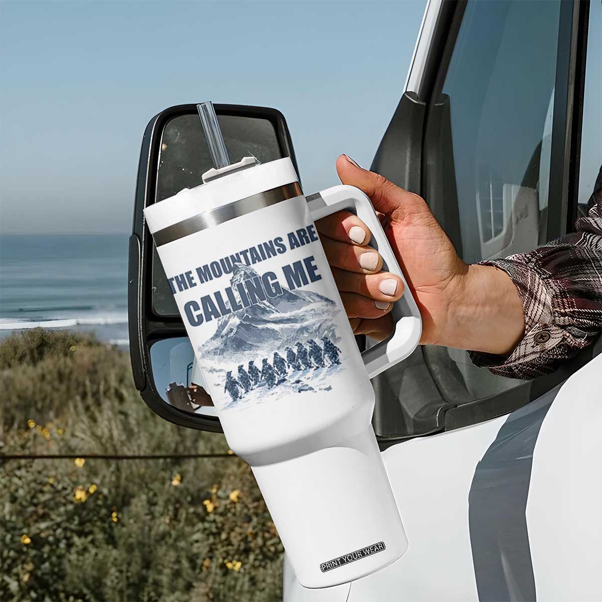 Funny Nihilist Penguin Hiking Tumbler With Handle The Mountains Are Calling Me TS14 Print Your Wear