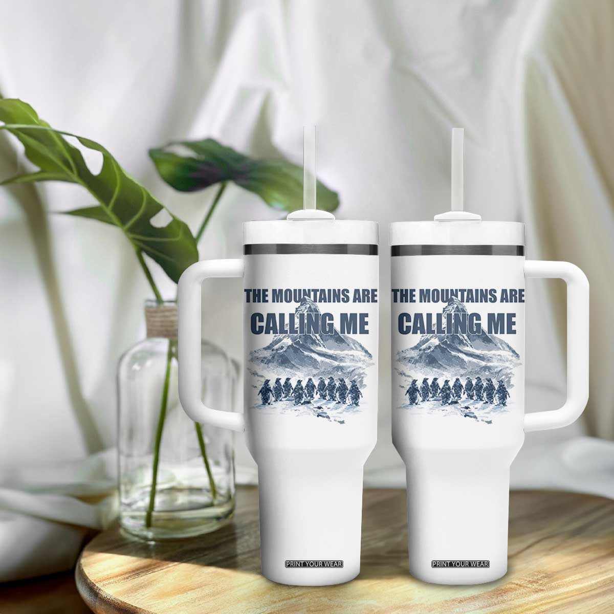 Funny Nihilist Penguin Hiking Tumbler With Handle The Mountains Are Calling Me TS14 Print Your Wear
