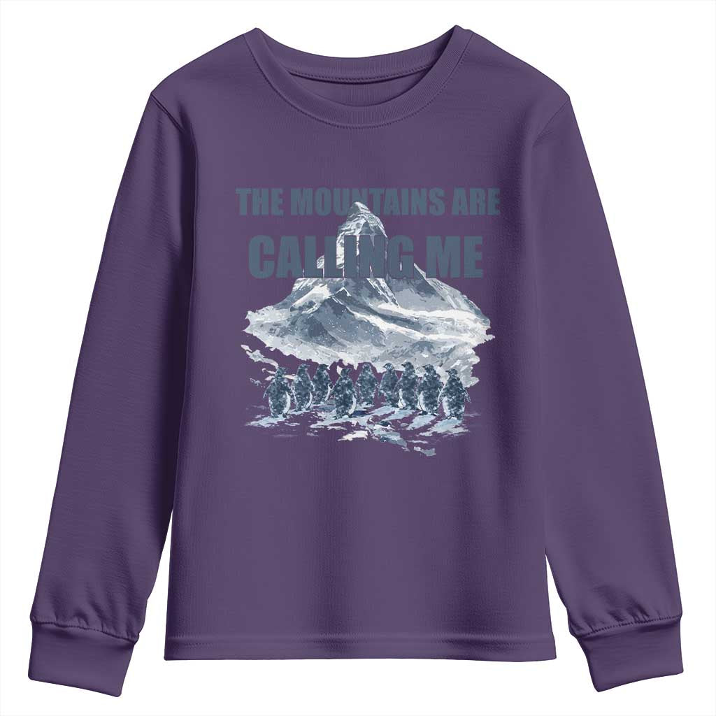 Funny Nihilist Penguin Hiking Youth Sweatshirt The Mountains Are Calling Me TS14 Purple Print Your Wear