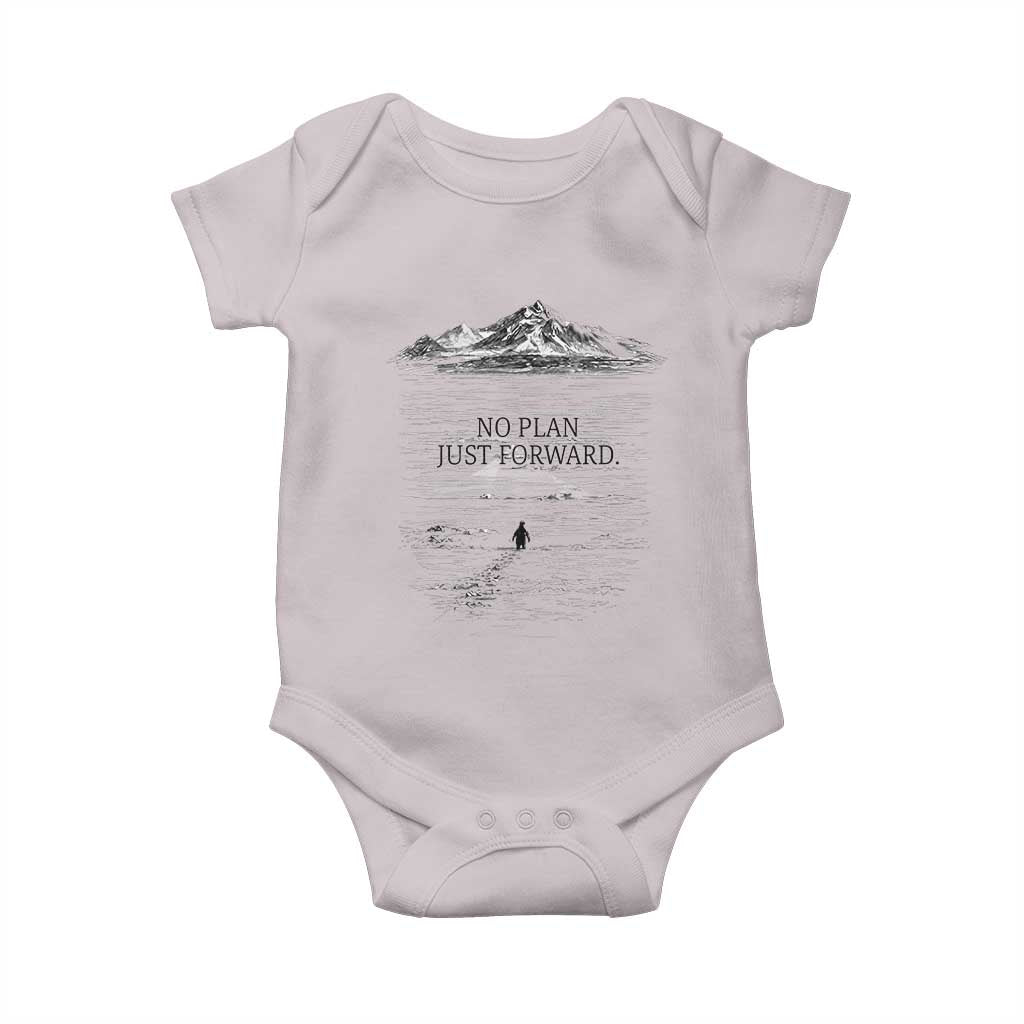 Funny Nihilist Penguin Hiking Baby Onesie No Plan Just Forward TS14 Ice Gray Print Your Wear