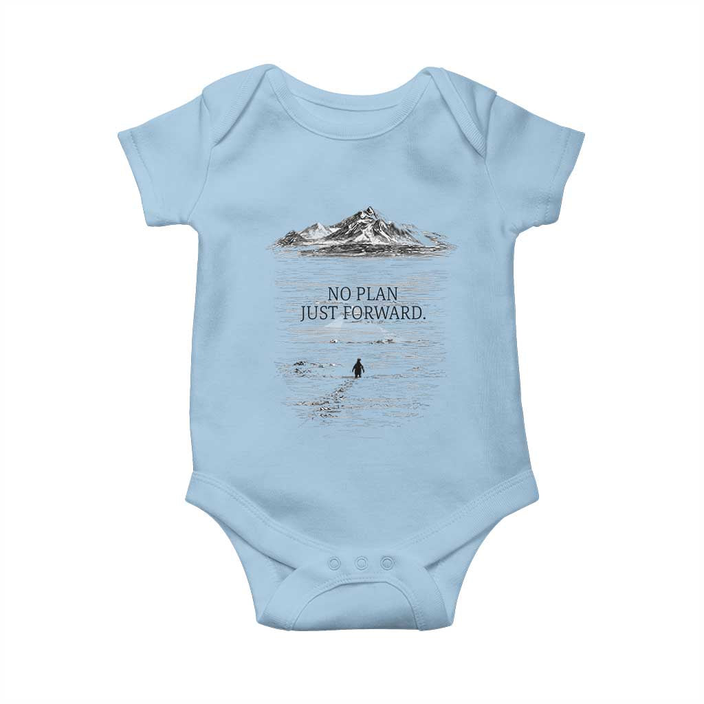 Funny Nihilist Penguin Hiking Baby Onesie No Plan Just Forward TS14 Light Blue Print Your Wear