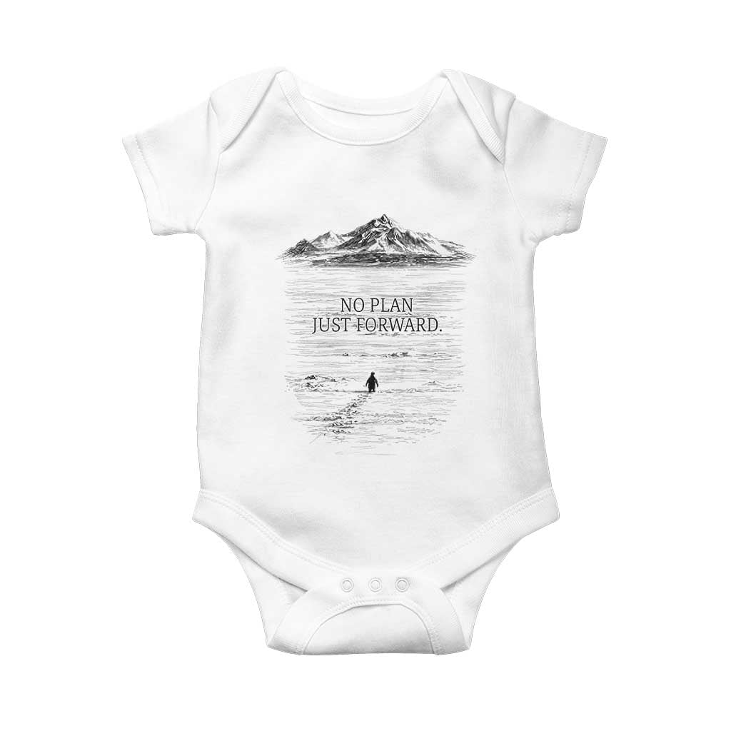 Funny Nihilist Penguin Hiking Baby Onesie No Plan Just Forward TS14 White Print Your Wear