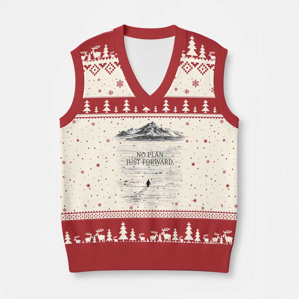 Funny Nihilist Penguin Hiking V-Neck Knit Sweater Vest No Plan Just Forward TS14 Beige Red Print Your Wear