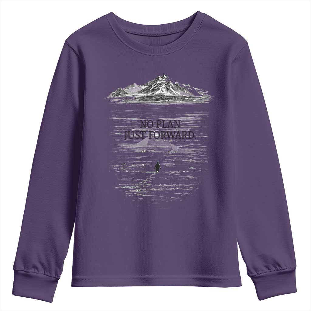 Funny Nihilist Penguin Hiking Youth Sweatshirt No Plan Just Forward TS14 Purple Print Your Wear