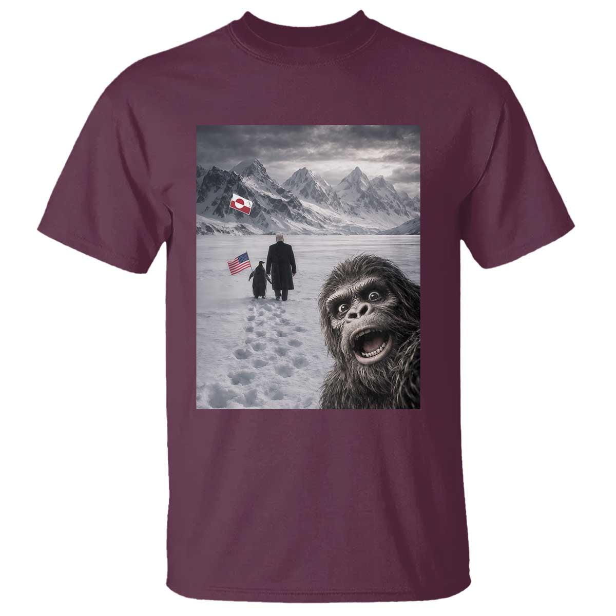 Nihilist Penguin Trump Hiking Mountains T Shirt Funny Bigfoot Selfie But Why TS14 Maroon Print Your Wear