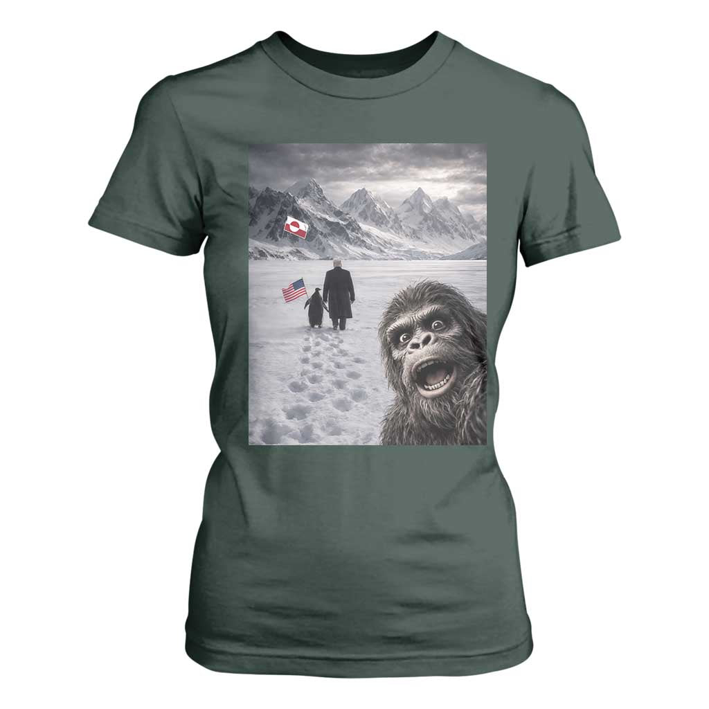 Nihilist Penguin Trump Hiking Mountains T Shirt For Women Funny Bigfoot Selfie But Why TS14 Dark Forest Green Print Your Wear