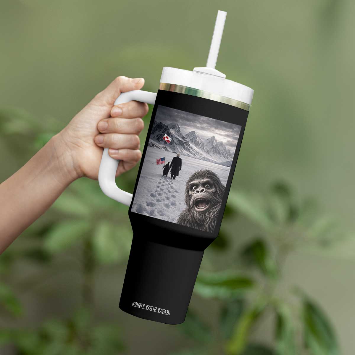 Nihilist Penguin Trump Hiking Mountains Tumbler With Handle Funny Bigfoot Selfie But Why TS14 Print Your Wear